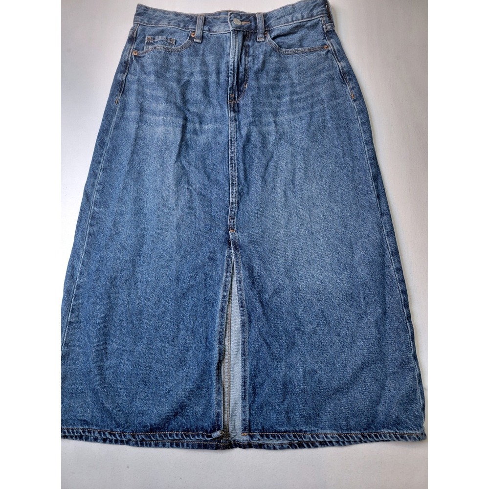 Old Navy High-Rise Secret-Smooth Pockets Denim Midi Skirt Front Slit Size 6 2911